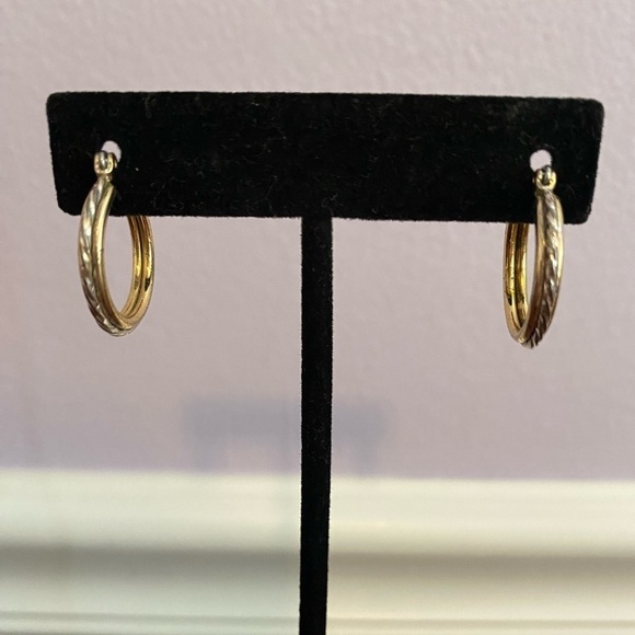 14K Two-Tone Twisted Hoop Earrings | Yellow & White Gold | Elegant Textured Desi - Picture 1 of 4